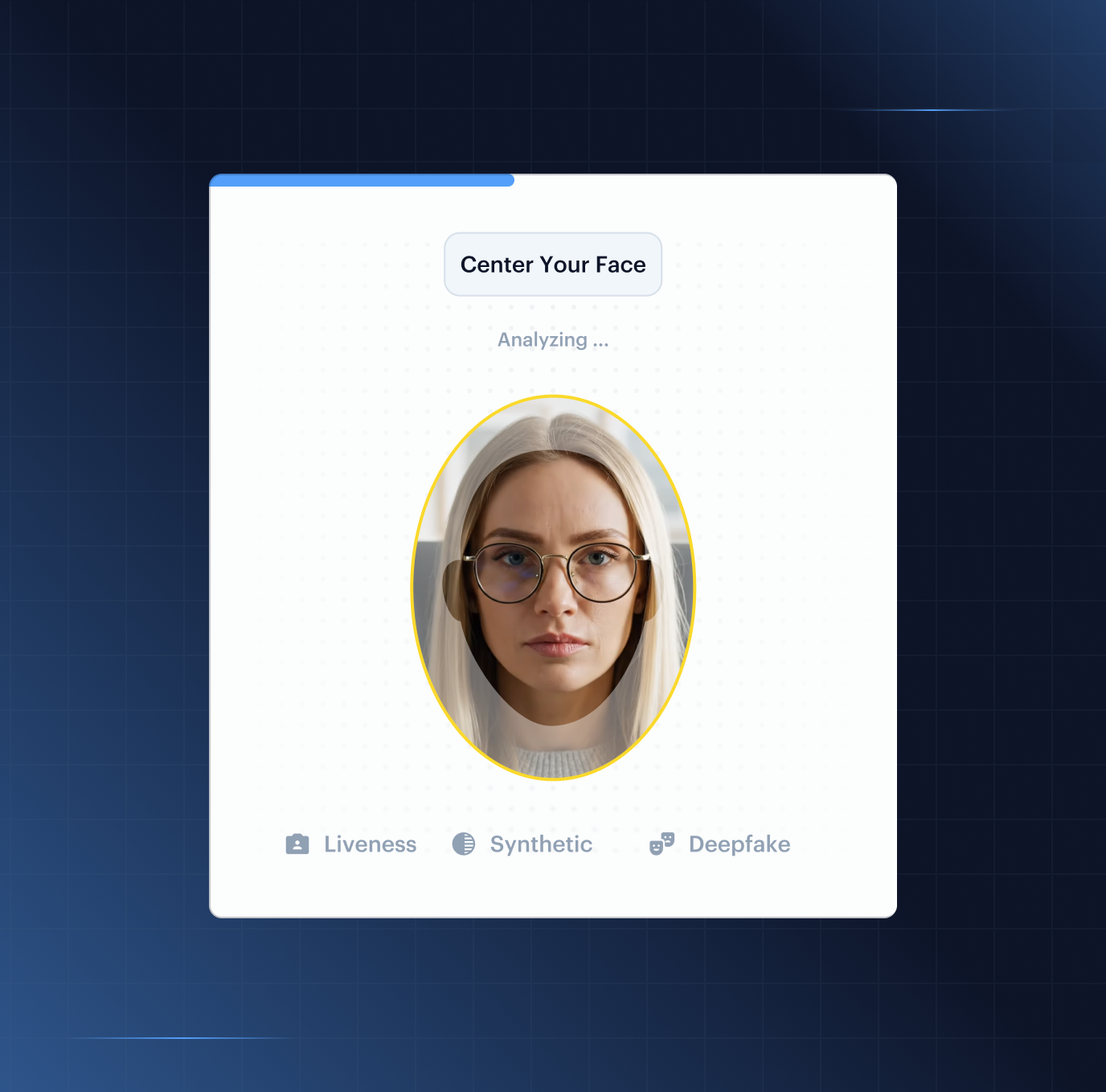 Face verification UI mockup card titled 'Center Your Face' with Liveness, Synthetic, and Deepfake detection signals on a vertical-line grid