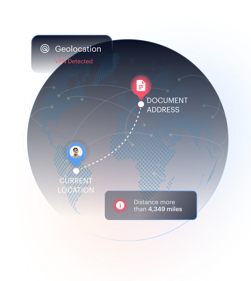 Geo-risk correlation mockup — IP geolocation and device signal mismatch detection.