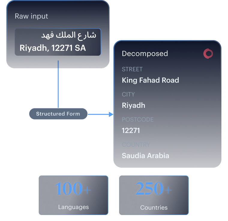Address data intelligence mockup — multi-script extraction and structured field output.