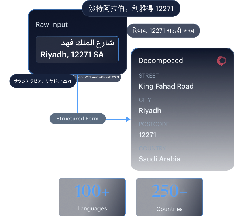 Address data intelligence mockup — multi-script extraction and structured field output.