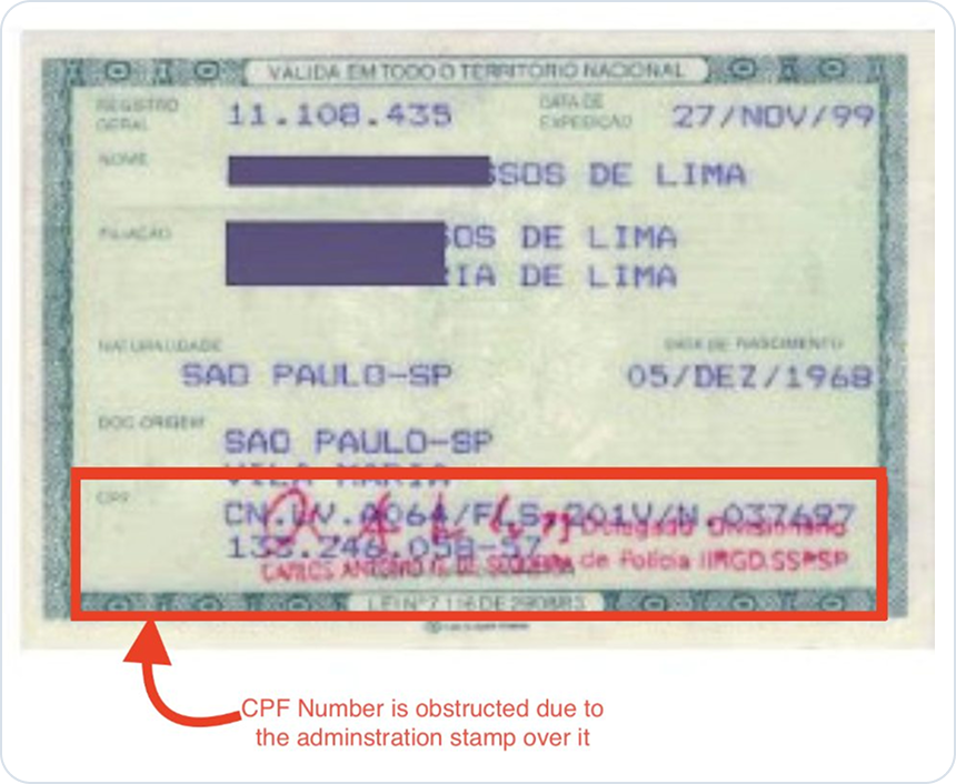 A São Paulo RG with an official stamp printed directly over the CPF and address.