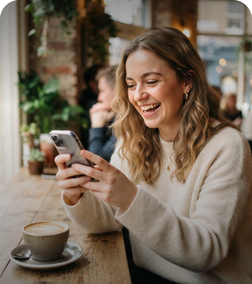 Shufti customer checking her phone in a cafe