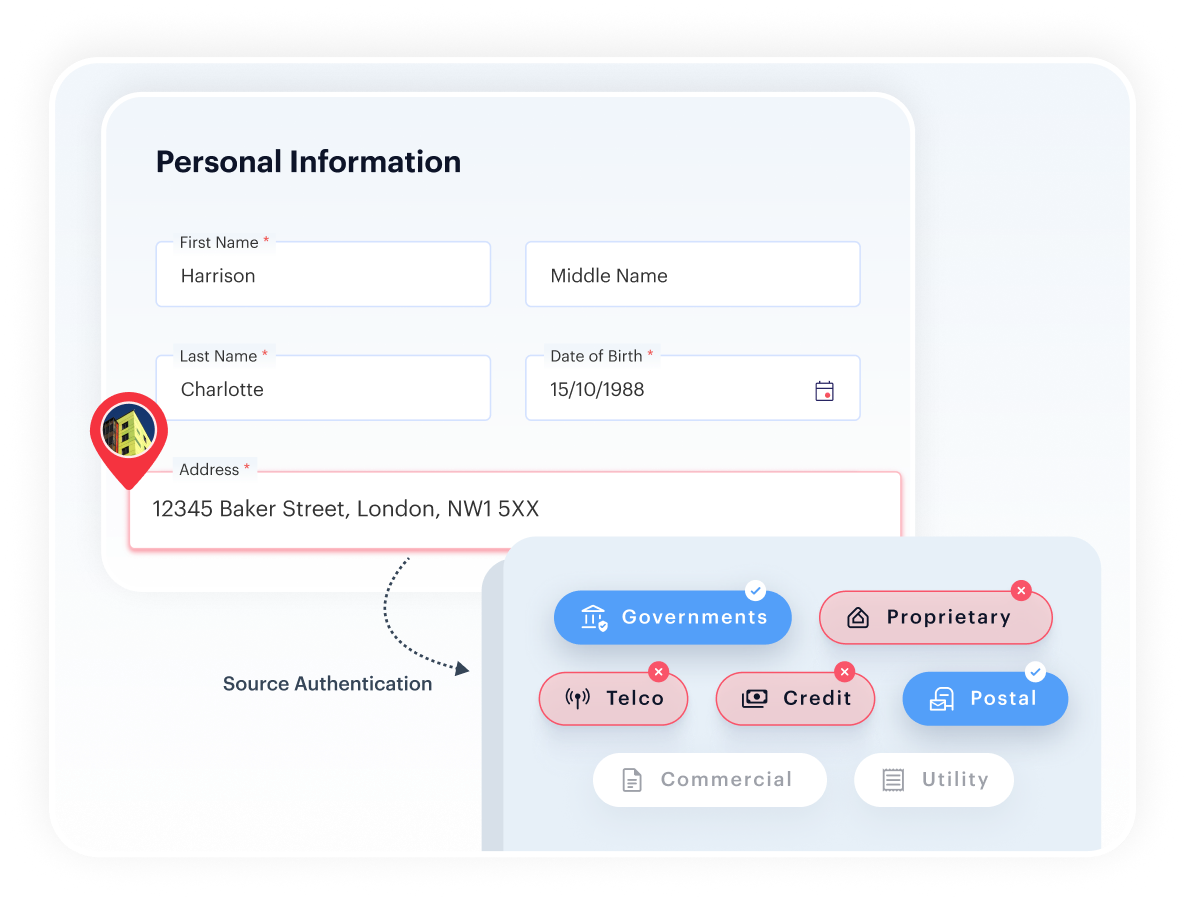 Docless address verification — source authentication across government, credit, postal, telco data