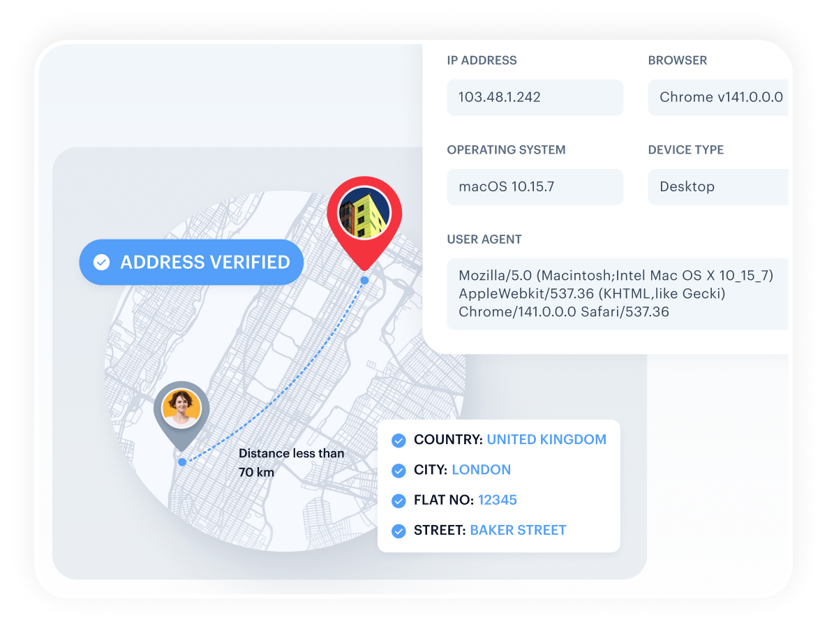 Geolocation & risk signal — distance, IP, browser, device fingerprint context