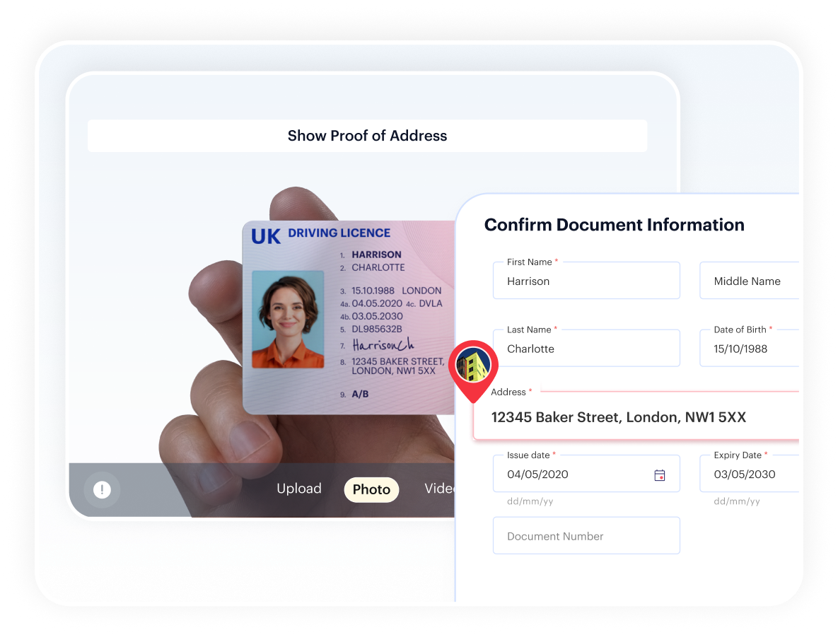 Proof of Address verification flow with upload, photo and video capture options