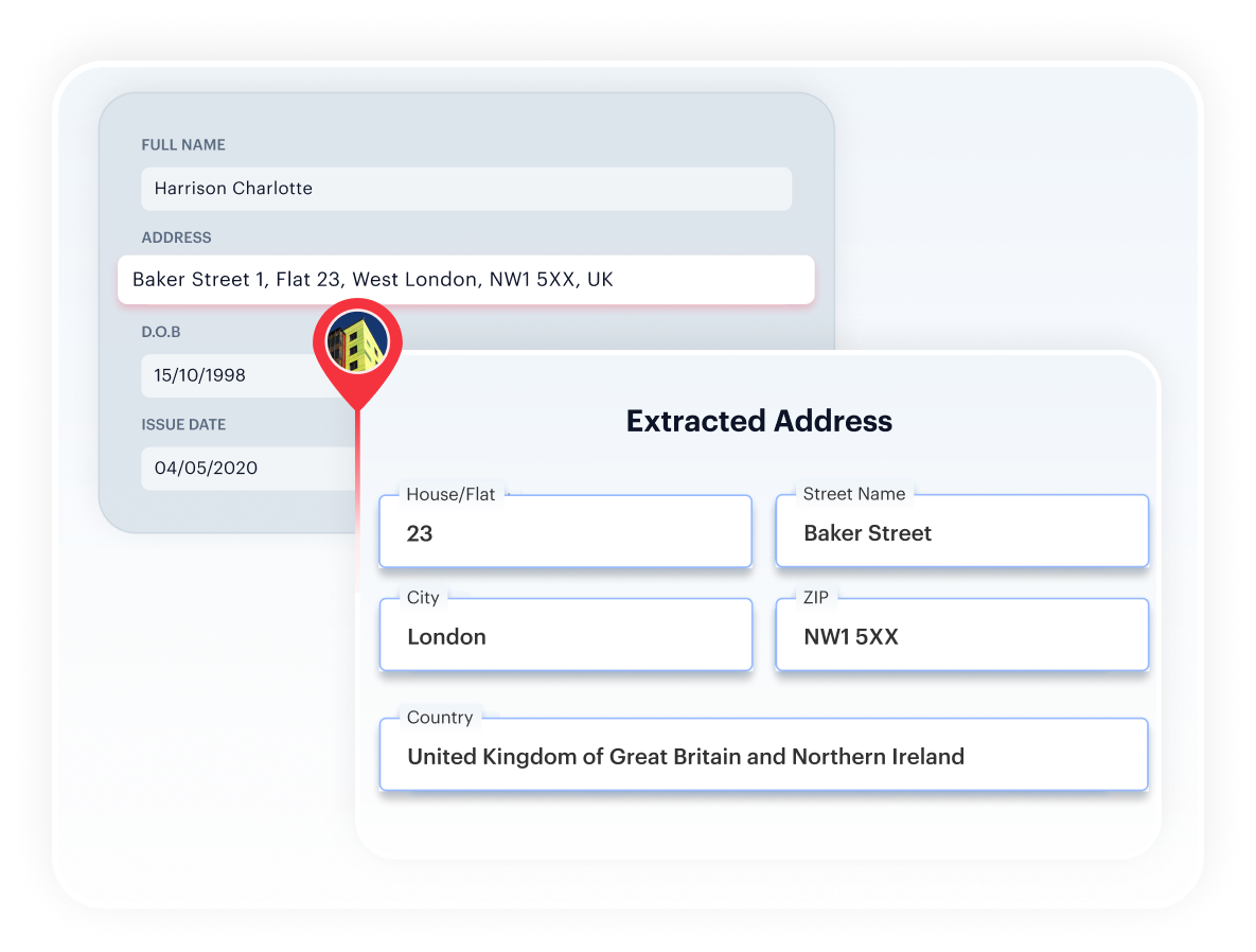 Address validation — extracted address normalised into structured fields