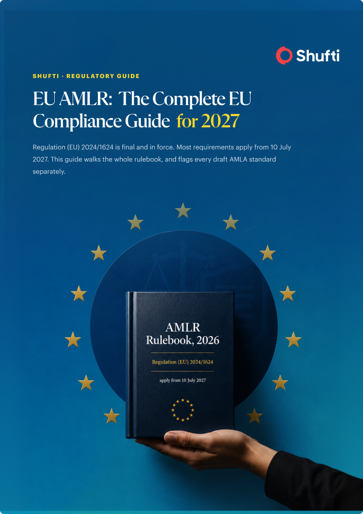 EU AMLR: The Complete EU Compliance Guide for 2027 — guide cover with the AMLR Rulebook held against the EU stars