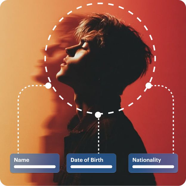 A face captured inside a dashed verification circle, with the extracted Name, Date of Birth and Nationality attributes below