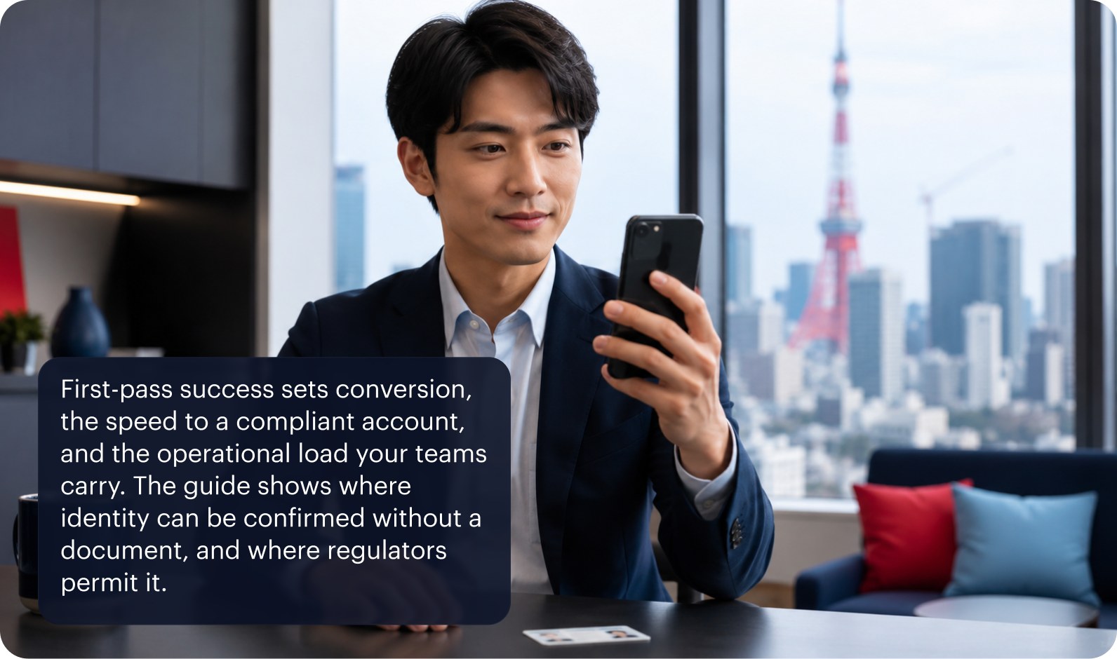 A customer completing identity verification on a phone in an APAC office