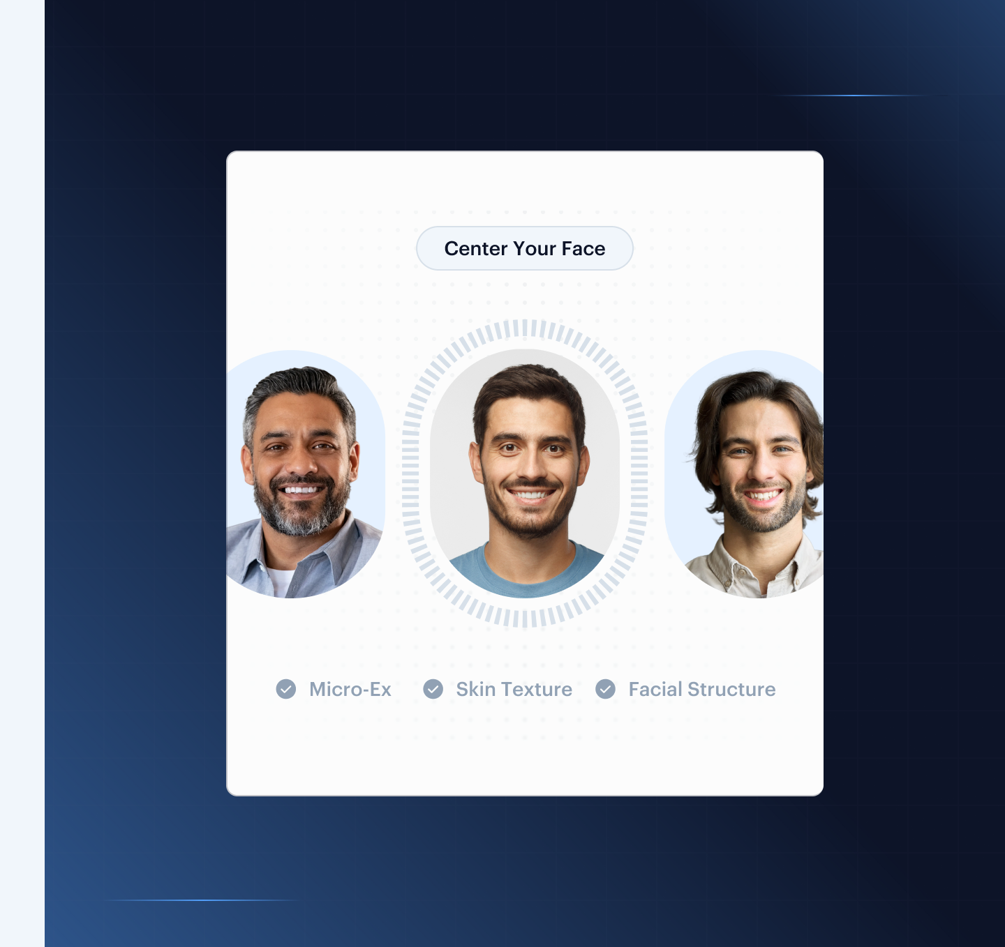Age verification — face-detection collage with three users showing micro-expression, skin texture, and facial structure markers