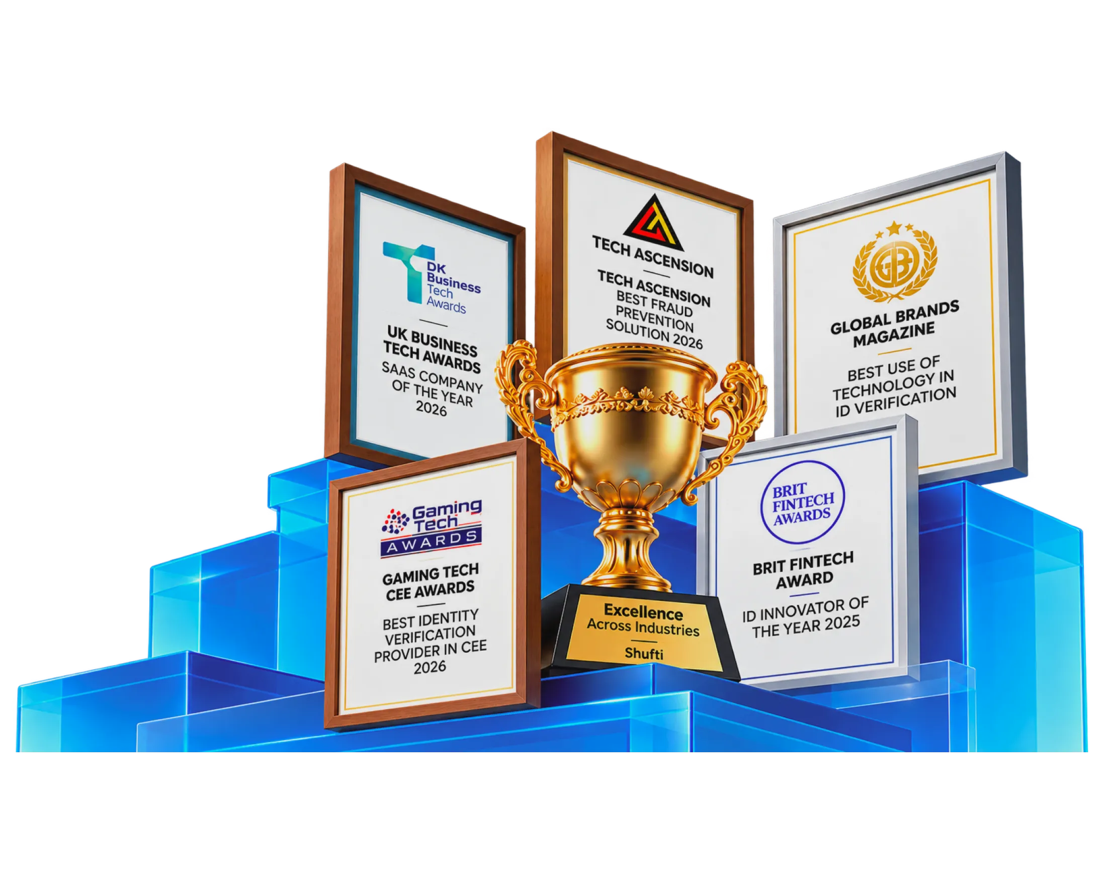 Shufti award trophy surrounded by framed industry award certificates