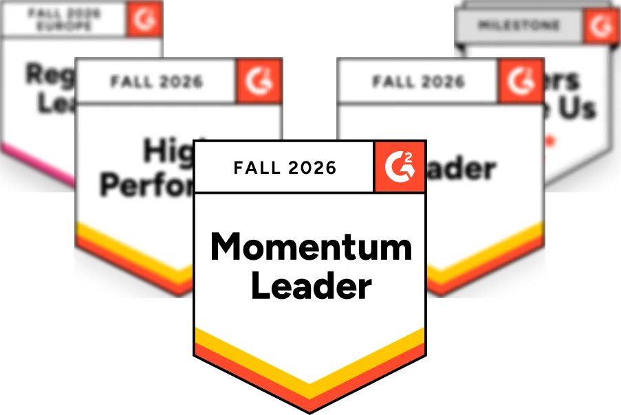 G2 Fall 2026 awards: Momentum Leader, High Performer, Regional Leader Europe, Users Love Us and a milestone badge
