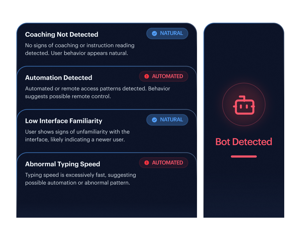 Bot Automation &mdash; behavioural biometrics flagging automated form-fills and non-human interaction rhythm
