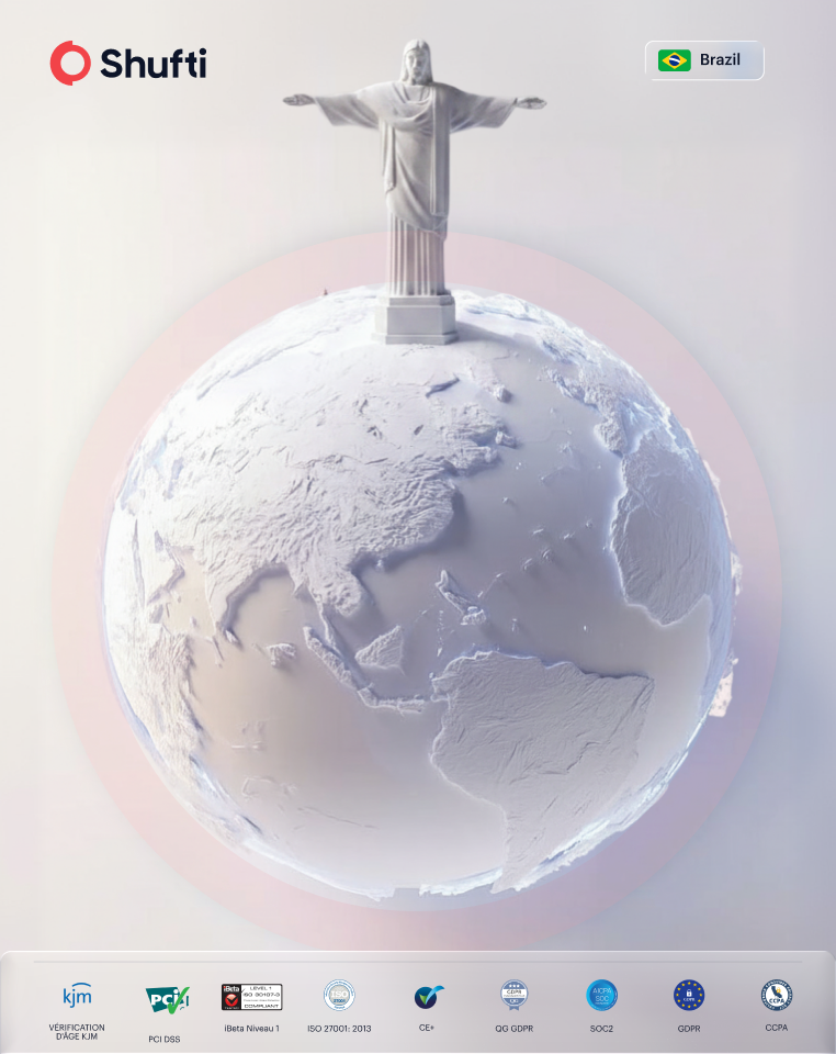 Shufti — Brazil .bet.br KYC: 3D globe, Brazil flag and certifications