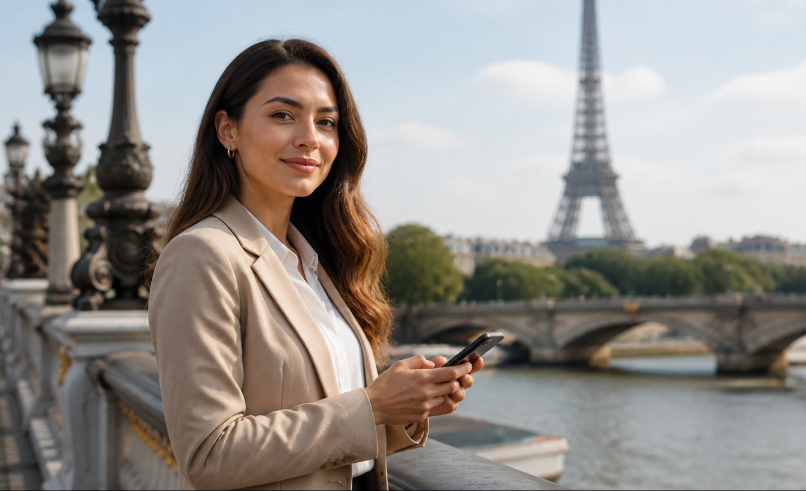 Macropay case study visual: a fintech professional standing on a Paris bridge with the Eiffel Tower behind her