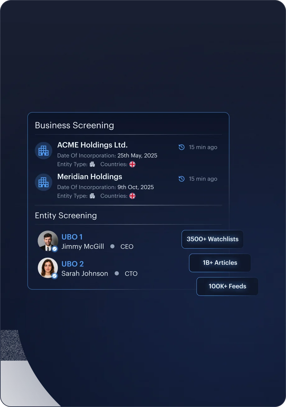 Business AML Screening compliance interface