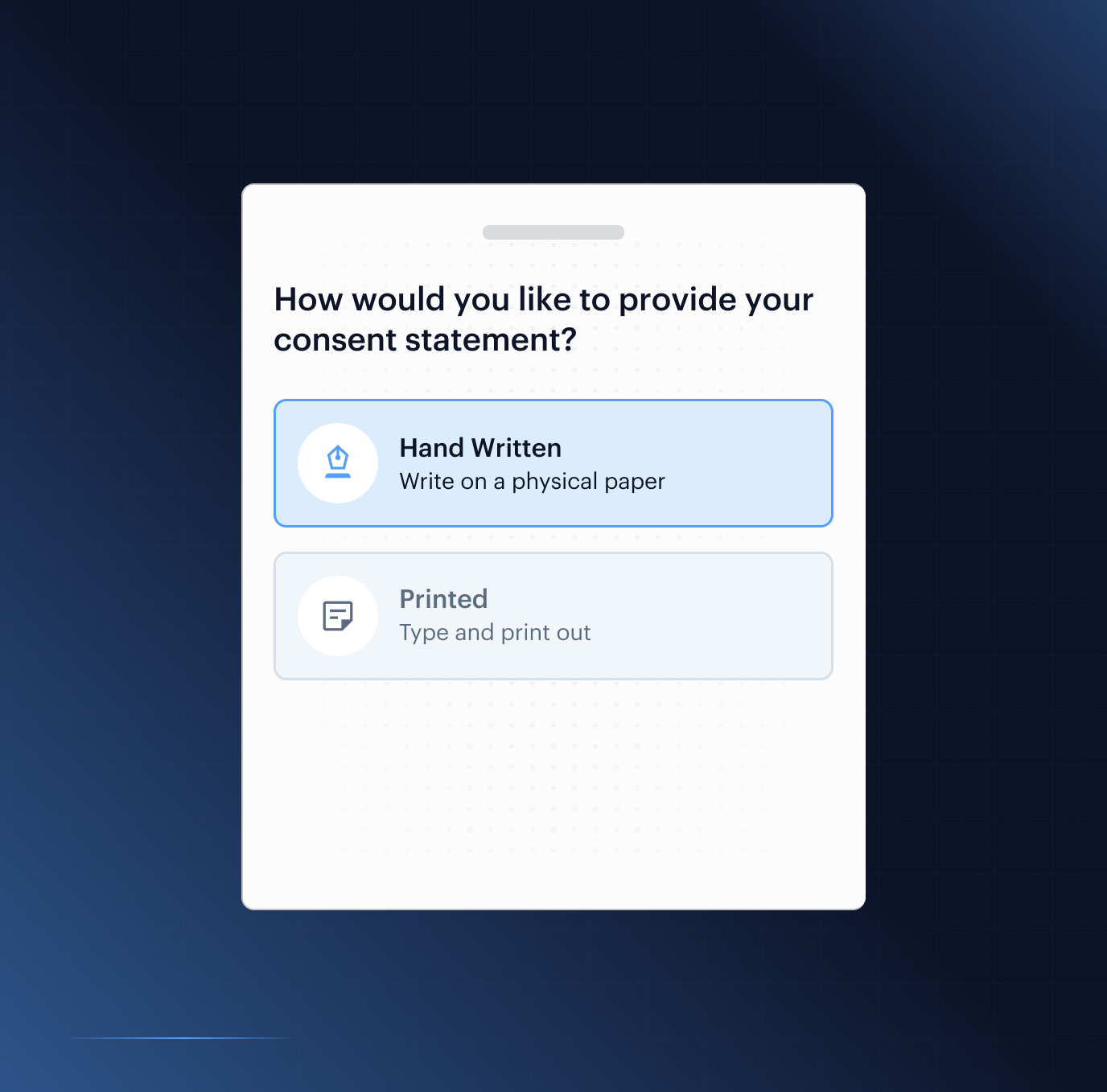 Consent Verification proto — merchant-defined statement capture with handwritten or printed note flow