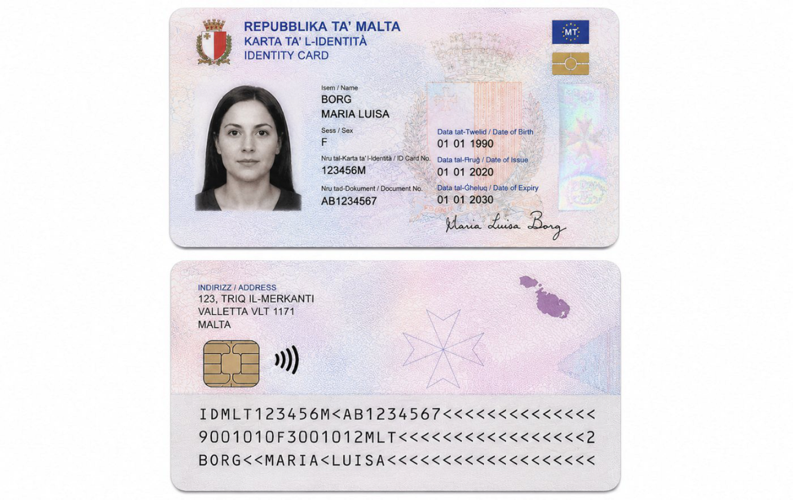 The Maltese e-ID identity card, front and back