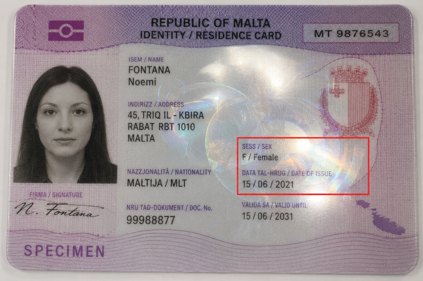 Specimen Maltese identity / residence card with hologram glare highlighted directly over the Sex and Date of Issue fields.