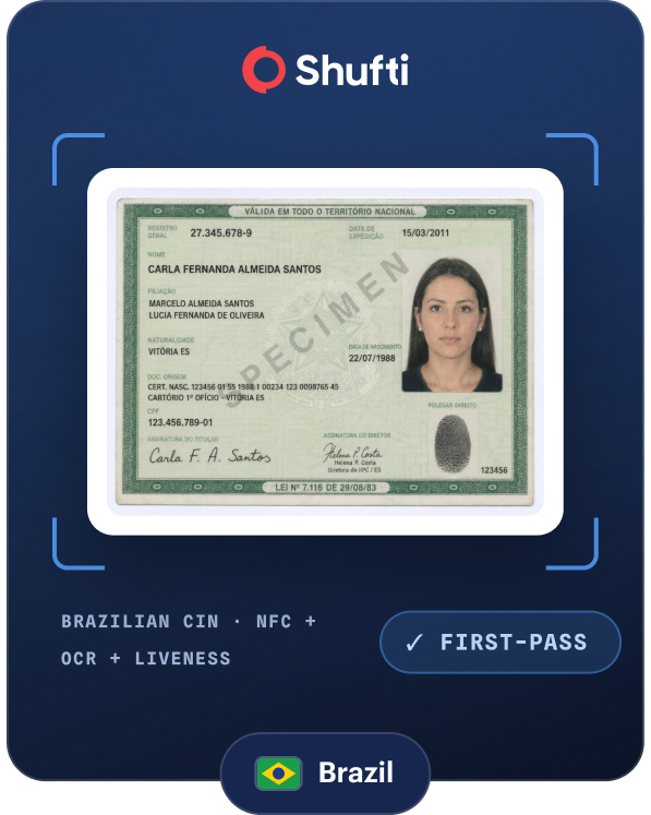Brazilian CIN verification with NFC, OCR and liveness — first-pass