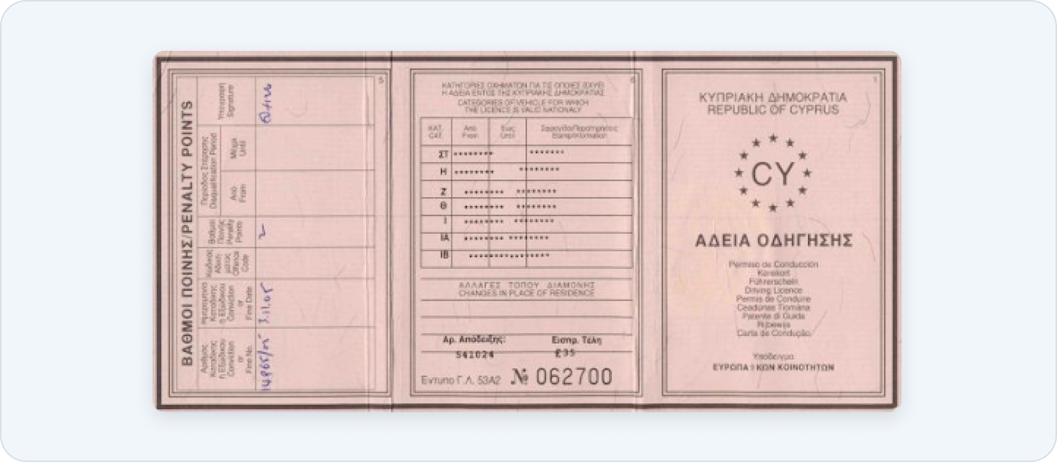 A legacy pink paper Cyprus driving licence, still valid for years, that fails capture through fading, creasing and glare.