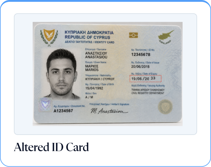 Altered ID card: a Cyprus identity document that has been digitally tampered with.