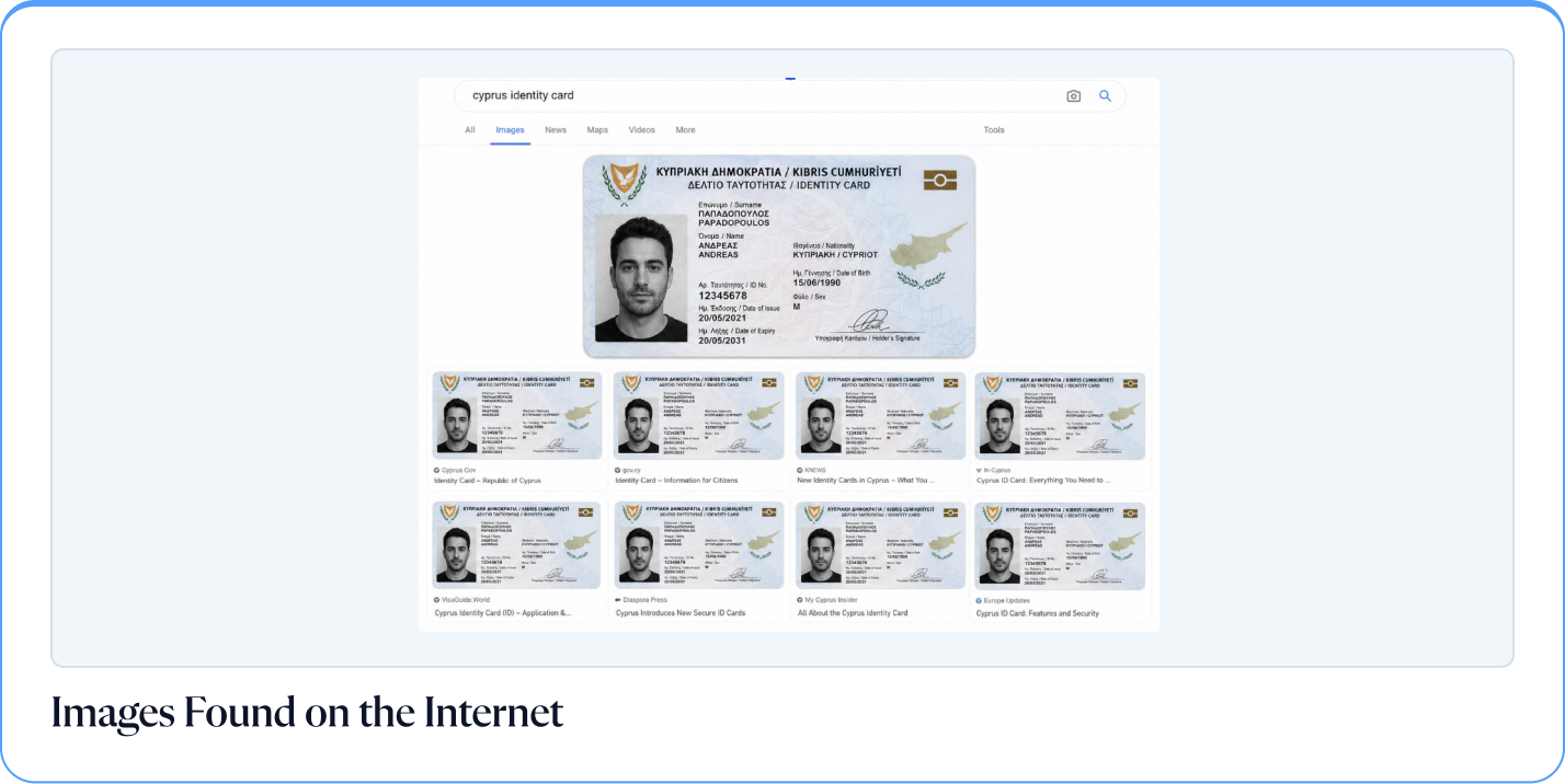 Images found on the internet: a reused Cyprus ID image with prior online provenance, flagged by the engine as recycled.