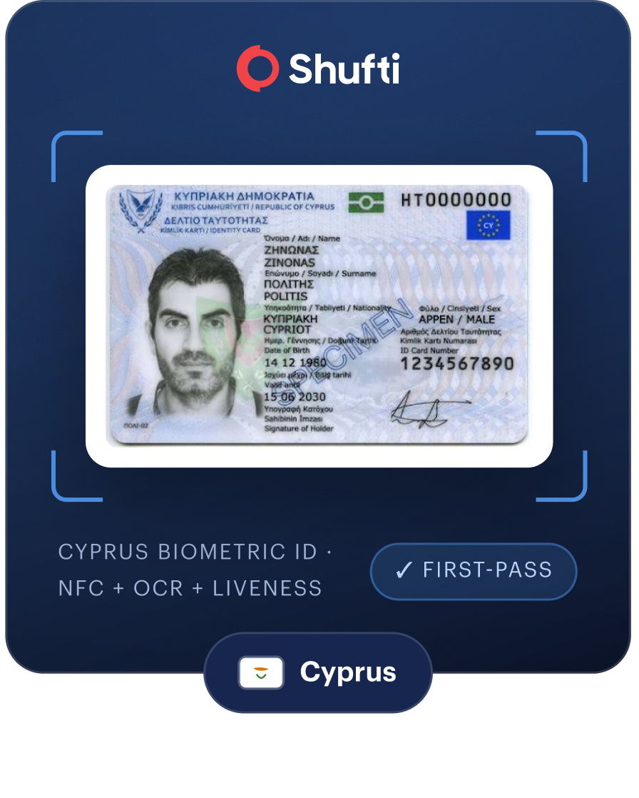 Cyprus 2026 KYC Pass Rate Guide — Shufti biometric ID scan of a Cyprus identity card with NFC, OCR and liveness and a first-pass badge