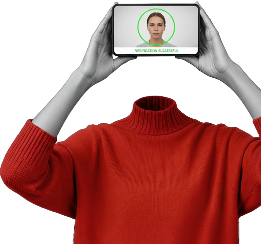 Deepfake identity fraud — an AI-generated face shown on a phone screen