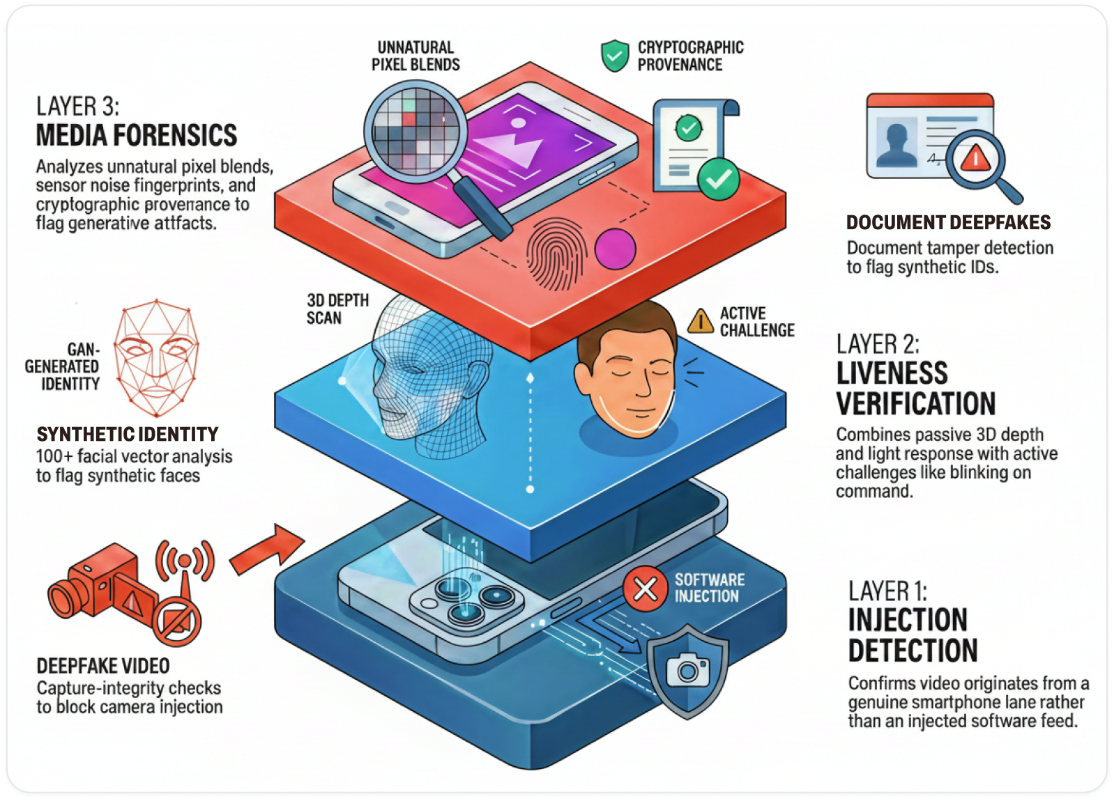 Three-layer deepfake detection diagram: capture integrity, liveness, and forensics
