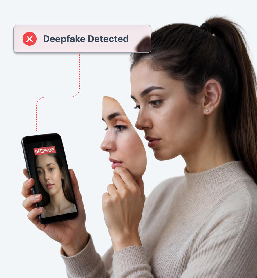 Deepfake identity fraud — an AI-generated face shown on a phone screen with a Deepfake Detected alert