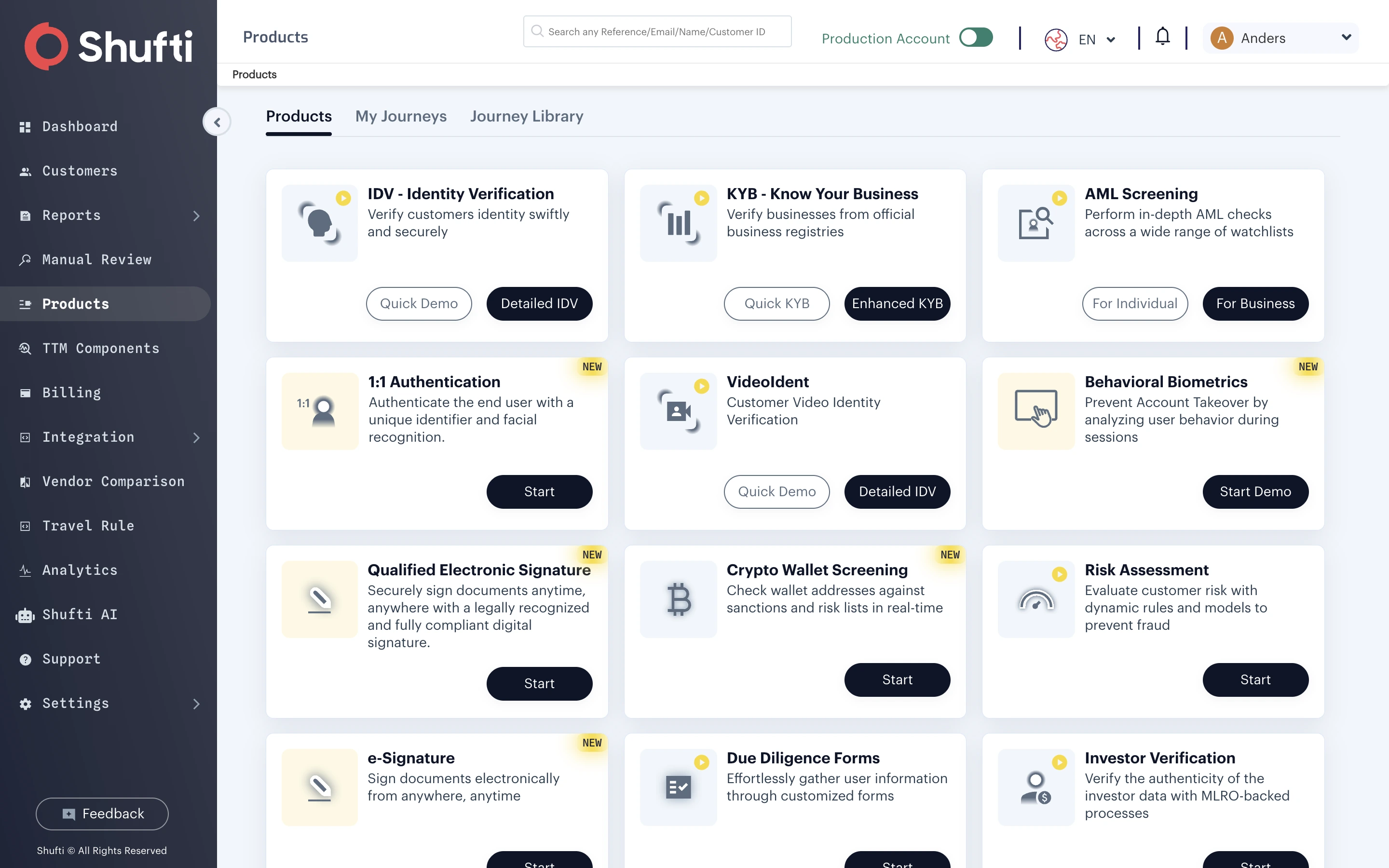 Shufti back office Products screen with the IDV Identity Verification card highlighted