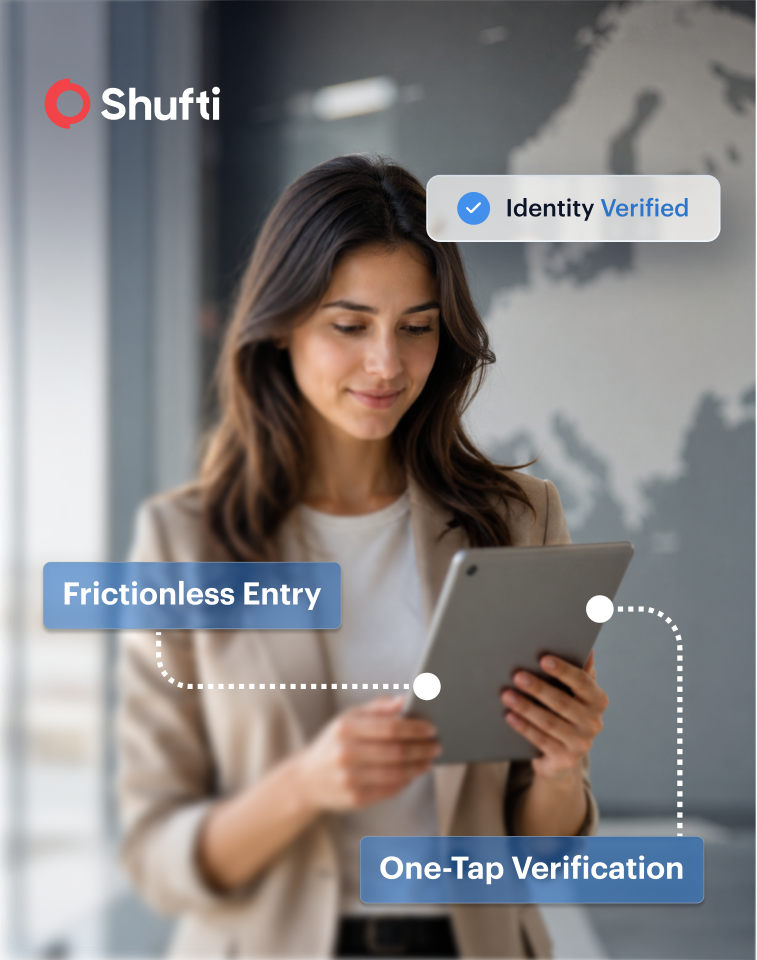 The Future of Docless Verification in Europe — a user completing a one-tap identity check on a tablet, with Identity Verified, Frictionless Entry and One-Tap Verification signals