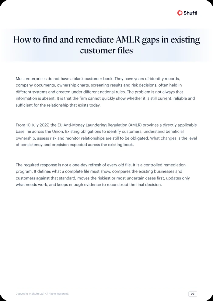 Guide page — how to find and remediate AMLR gaps in existing customer files