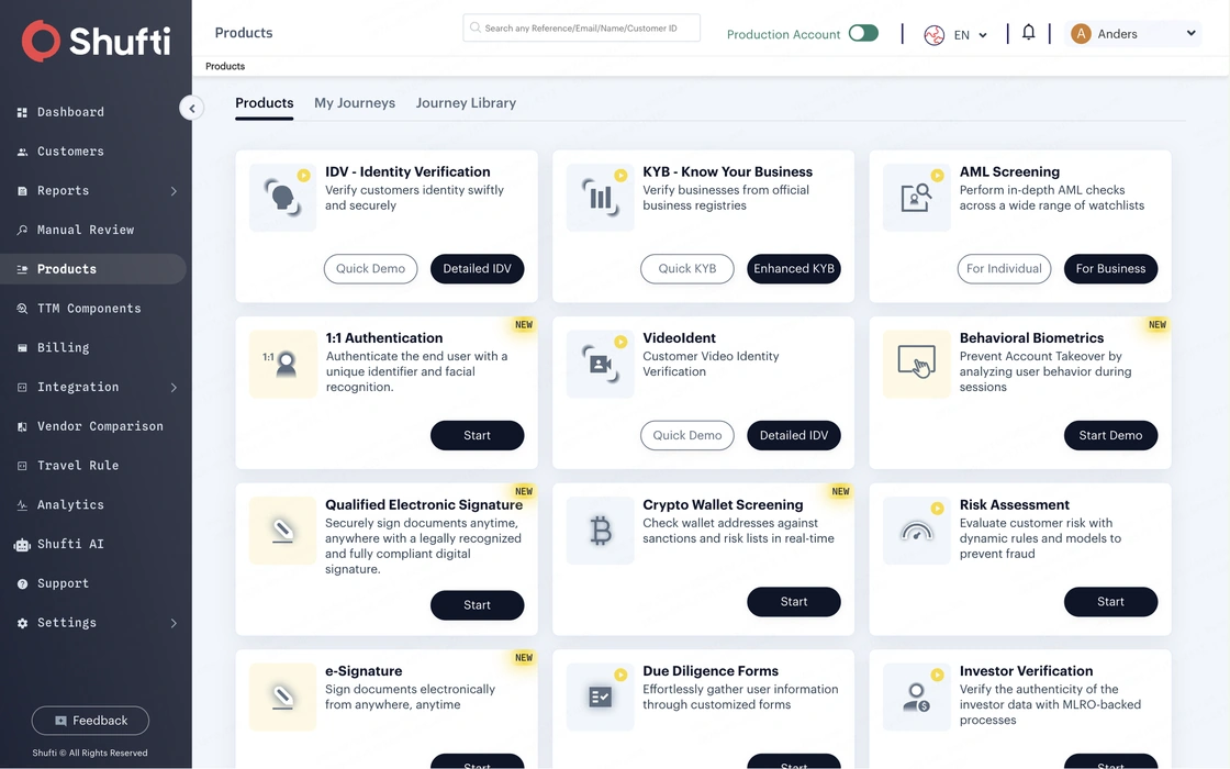 Shufti back office Products page with the IDV - Identity Verification product highlighted