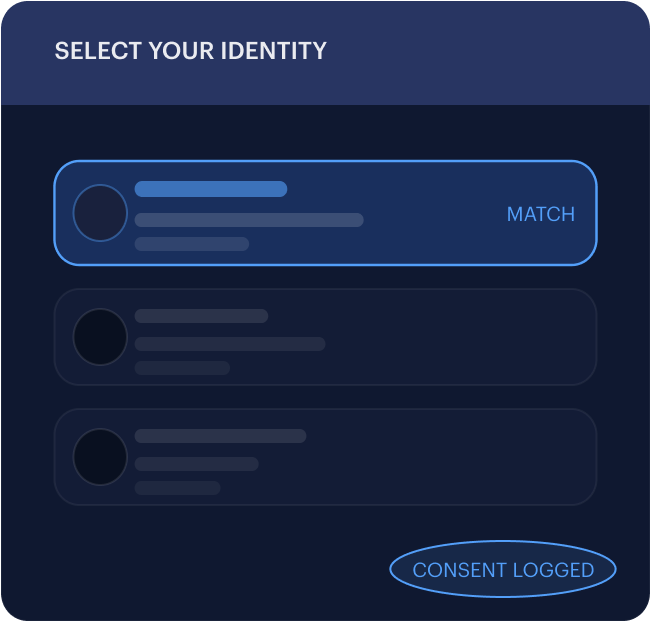 Profile selection screen showing masked identity rows with a CONSENT LOGGED check.