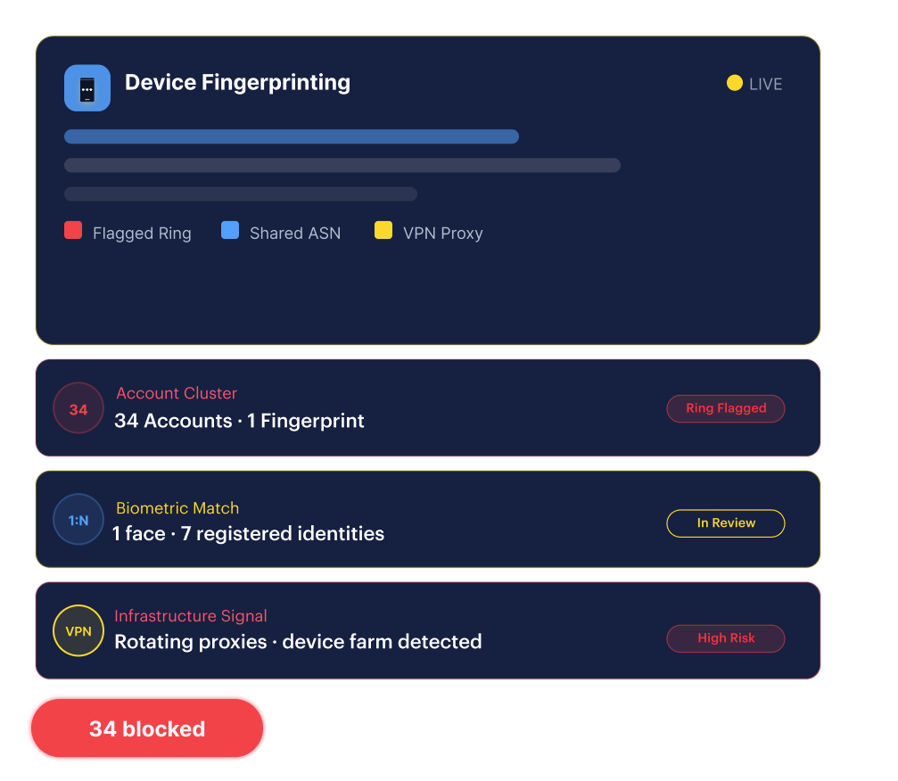 Multi-account ring detection — 34 accounts linked to one device fingerprint flagged as a ring
