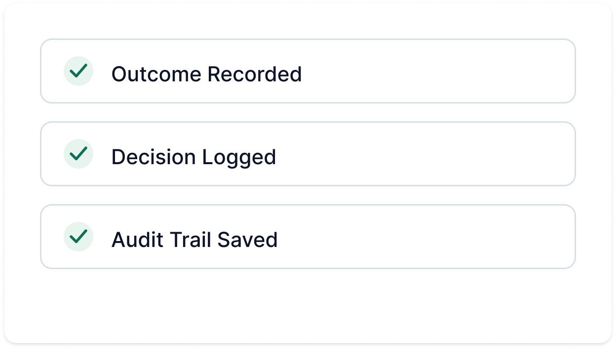 Case logged — outcome recorded, decision logged, audit trail saved