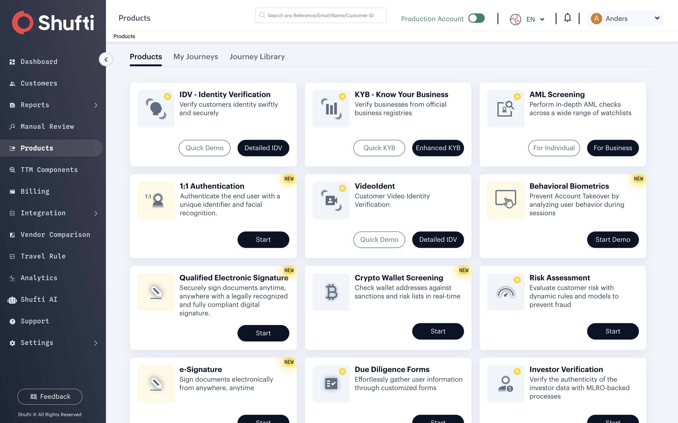 Shufti back office Products page with the IDV - Identity Verification product highlighted
