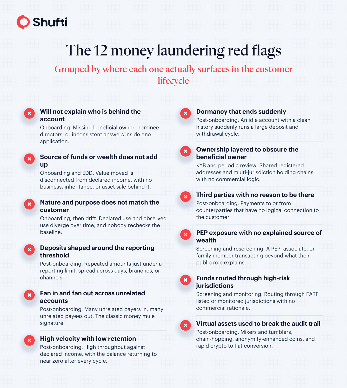 Checklist of twelve AML red flags across the customer lifecycle