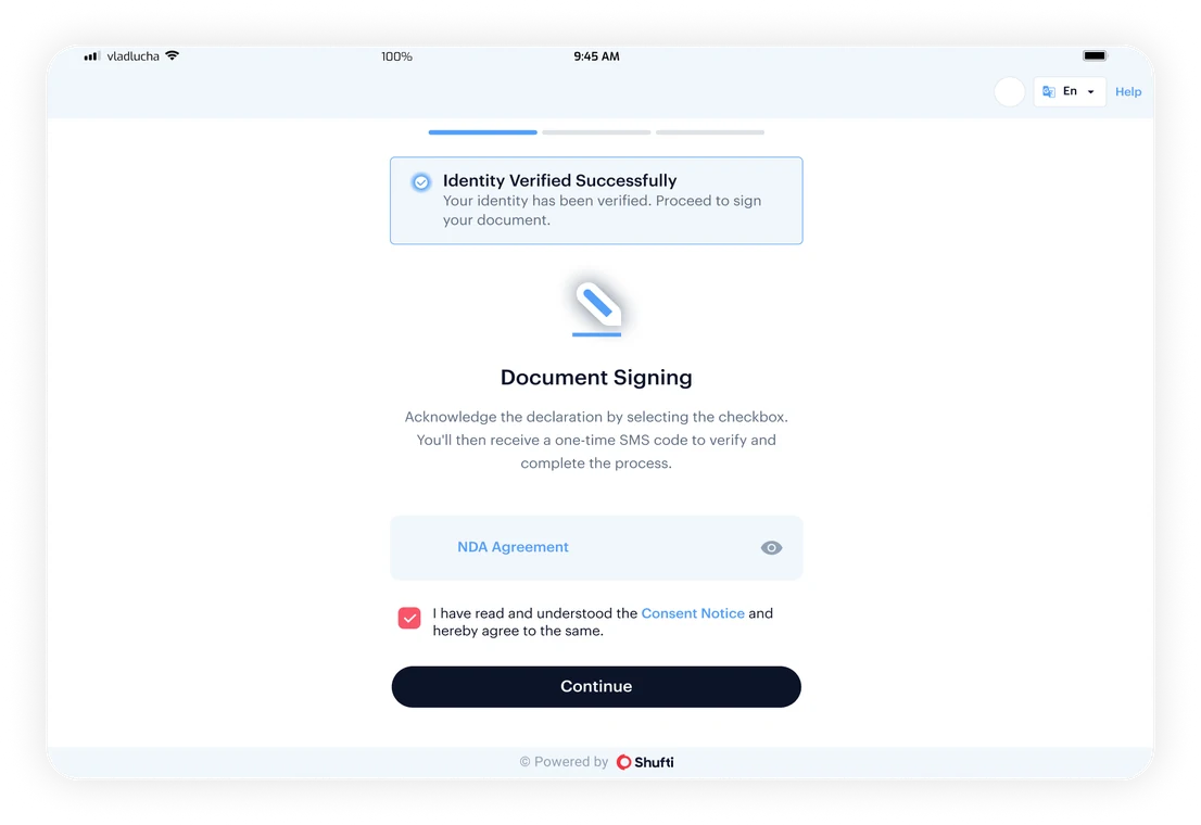 Shufti QES document signing flow on mobile