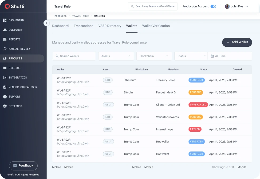 Shufti Travel Rule wallet verification dashboard