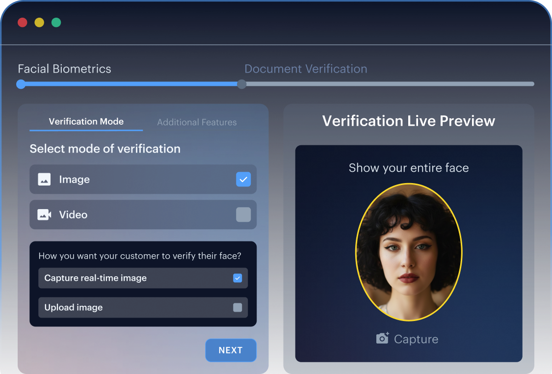 Layered defenses mockup — liveness, face match, and document authenticity signals.