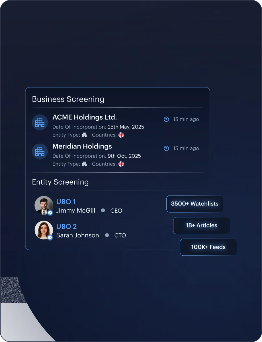 Business AML Screening — Monitoring & Compliance interface
