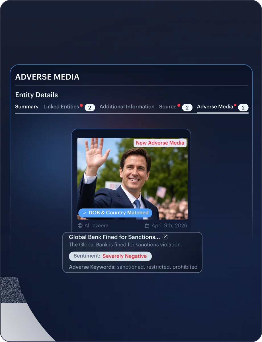 Adverse Media — Approve & Monitor interface