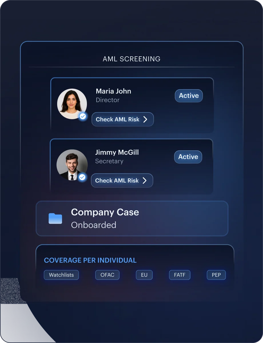 AML Screening — Approve & Monitor interface