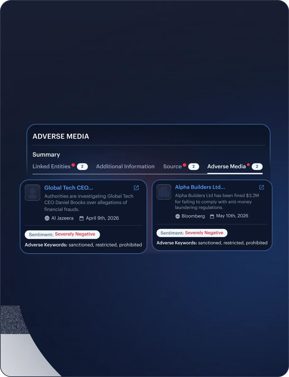 Adverse Media — Assess & Review Risk interface
