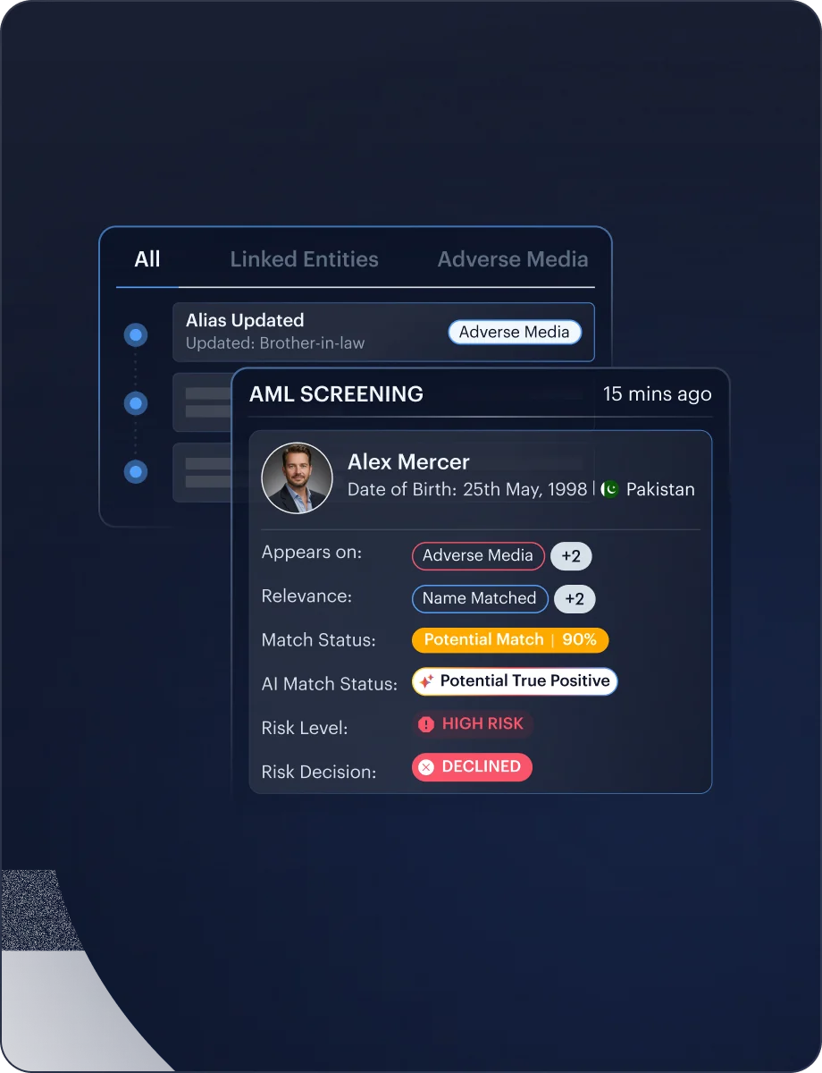 AML Screening — Assess & Review Risk interface