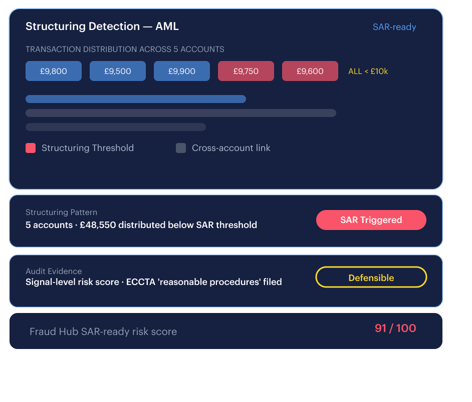 AML Structuring &mdash; transaction trust monitoring detects sub-threshold structuring across the multi-account ring