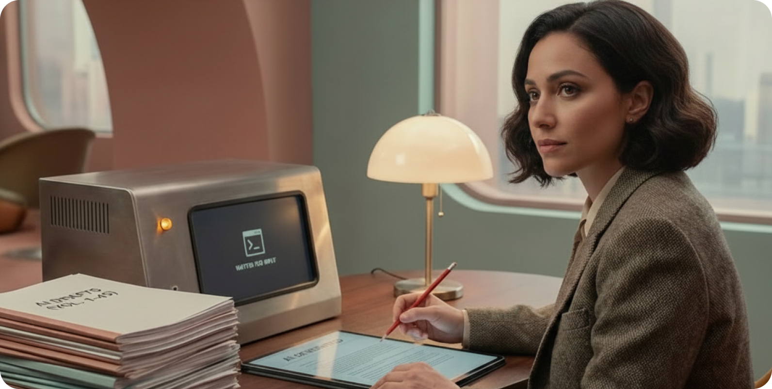 A compliance officer reviewing onboarding records at a desk